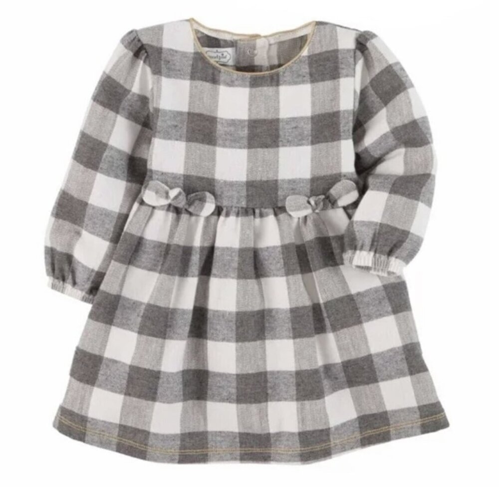 Mud Pie Buffalo Plaid Front Bow Dress Gray White 12-18 Mons